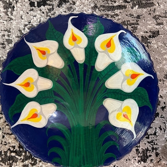 Mexican Emerald Green White Hand-painted Calla Lily Bowl Vintage 1980s - Picture 1 of 6